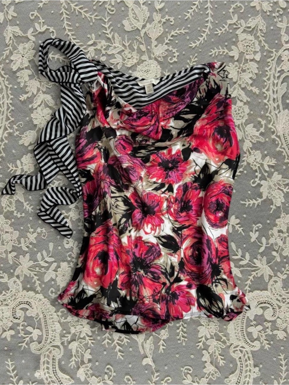 00s Jonathan Martin Floral Top Multicolor Striped Scarf Detail Fun Twee Romantic